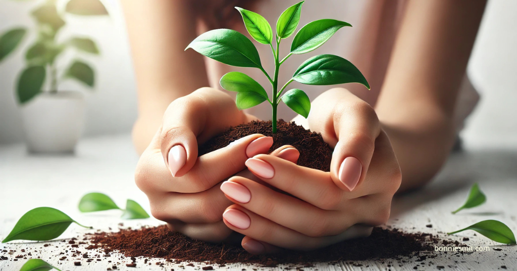 Hands holding soil with a green sprout, symbolizing growth, natural wellness, and core health. Background elements reflect themes of rebuilding strength and vitality through holistic wellness practices.