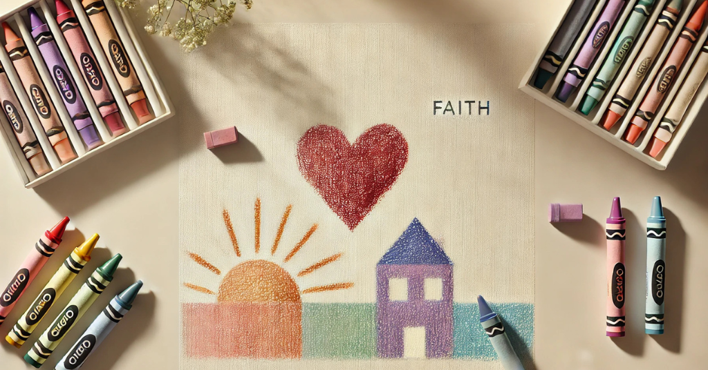 A childlike crayon drawing of a heart, a sunrise, and a house, symbolizing love, hope, and stability, with the word 'Faith' written above. The drawing is surrounded by crayons and set on a light ivory background.