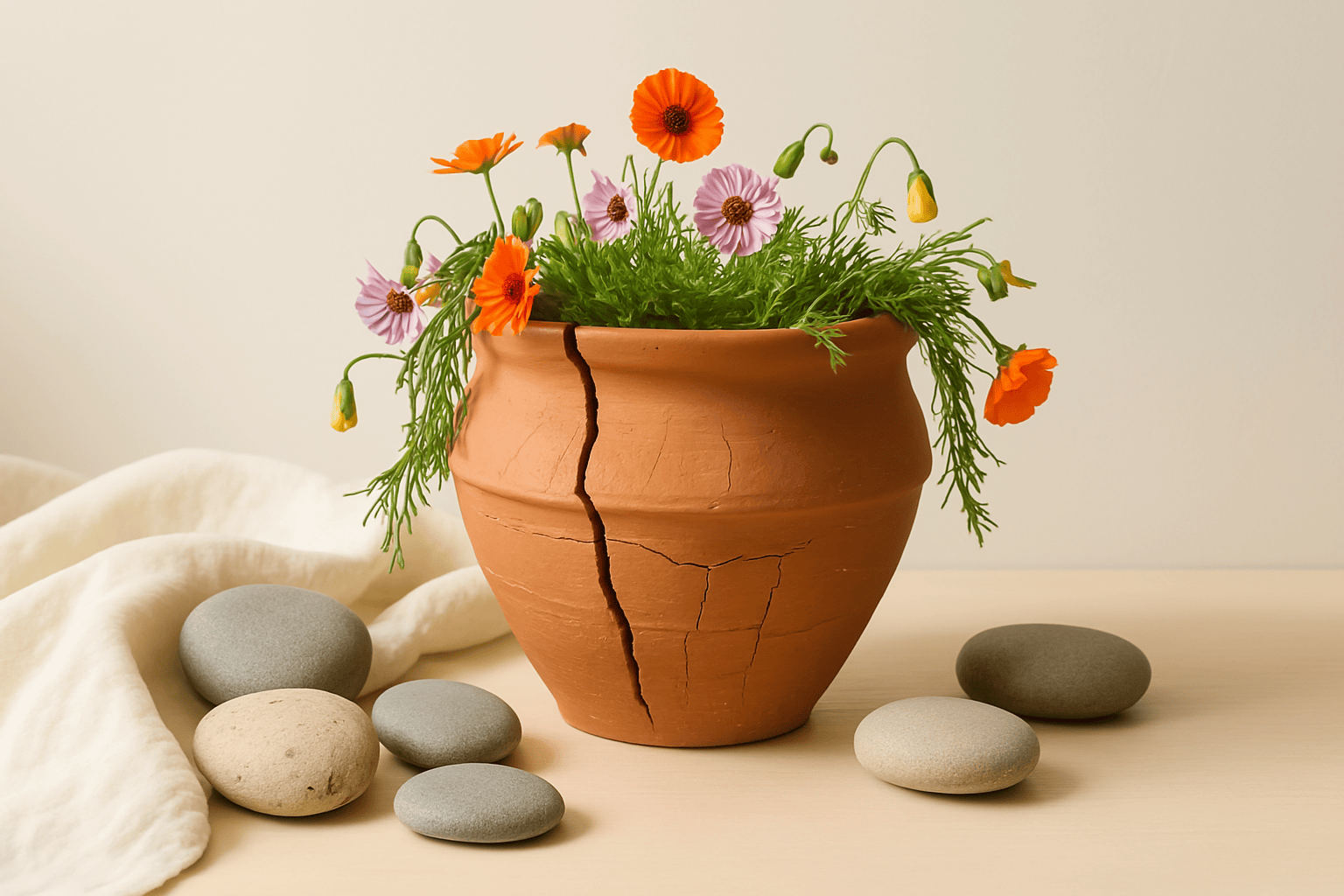 A terracotta pot with a prominent crack, filled with wildflowers and surrounded by soft natural elements, symbolizing surrender, brokenness, and finding peace through trusting God.