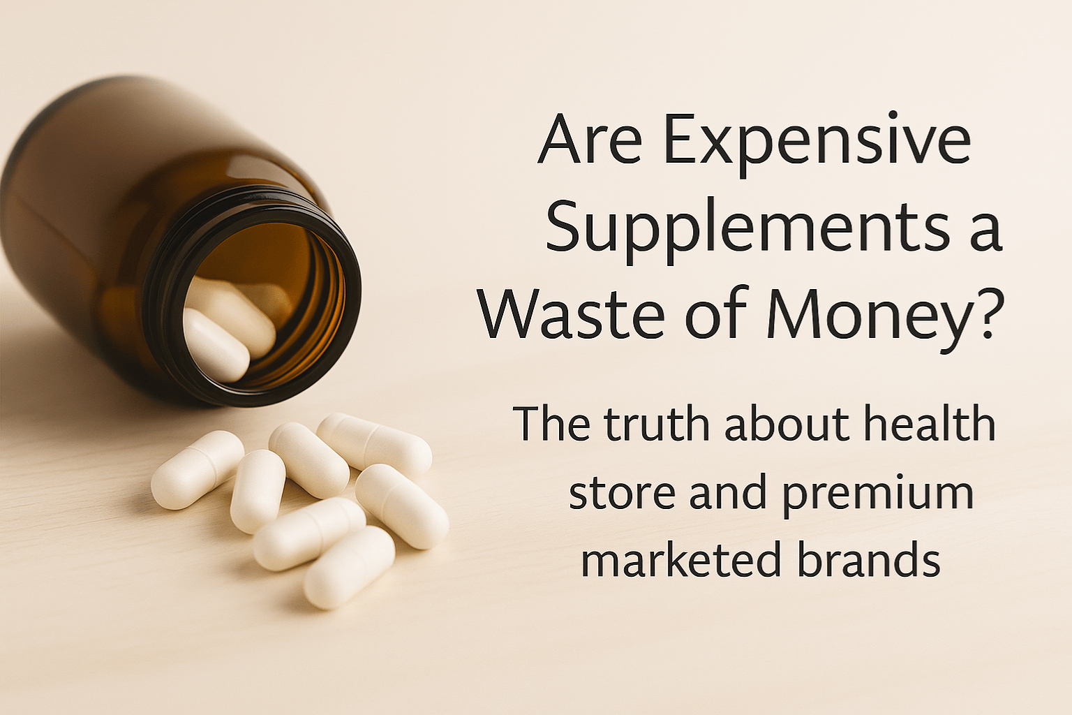 A brown glass supplement bottle tipped on its side with white capsules spilling out on a light wood surface, beside text asking “Are Expensive Supplements a Waste of Money?” and a subtitle about premium and health store brands.