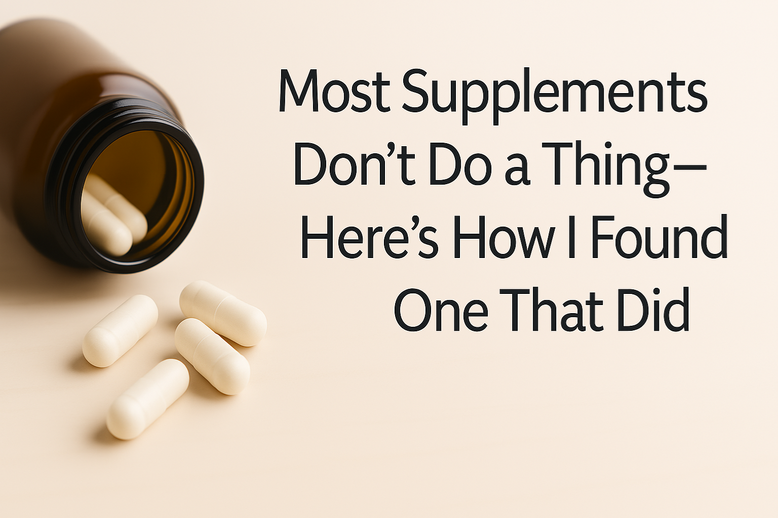 Open amber supplement bottle with white capsules spilling onto a soft wood surface, paired with text reading "Most Supplements Don’t Do a Thing—Here’s How I Found One That Did" in a clean, modern font.